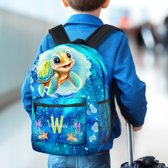 Cute Cool Happy Turtle Ocean Name Monogram Boy Printed Backpack (Cute Cool Happy Turtle Ocean Name Monogram Boy Printed Backpack)
