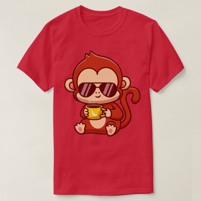 Cute Cool Monkey Drink Coffee Cartoon T-Shirt (Design Front)