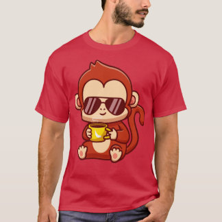 Cute Cool Monkey Drink Coffee Cartoon T-Shirt