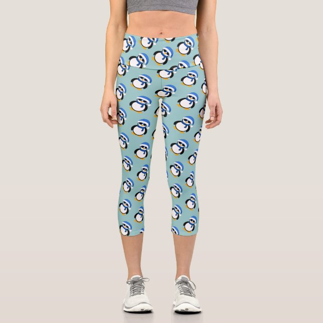 Cute cool penguin Christmas winter pattern blue Capri Leggings (Front)