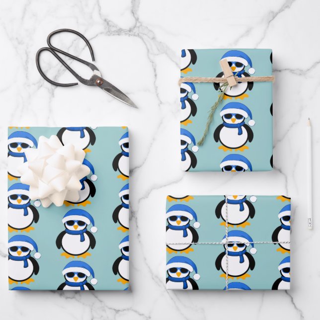 Cute cool penguin Christmas winter pattern blue Wrapping Paper Sheet (Front)