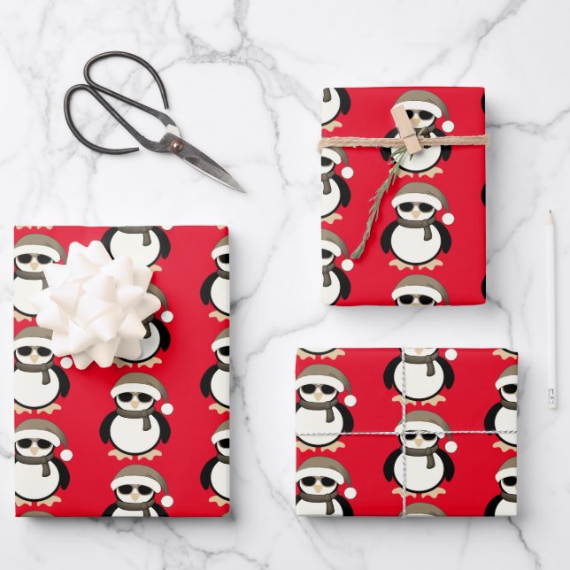 Cute cool penguin Christmas winter pattern red Wrapping Paper Sheet (Front)