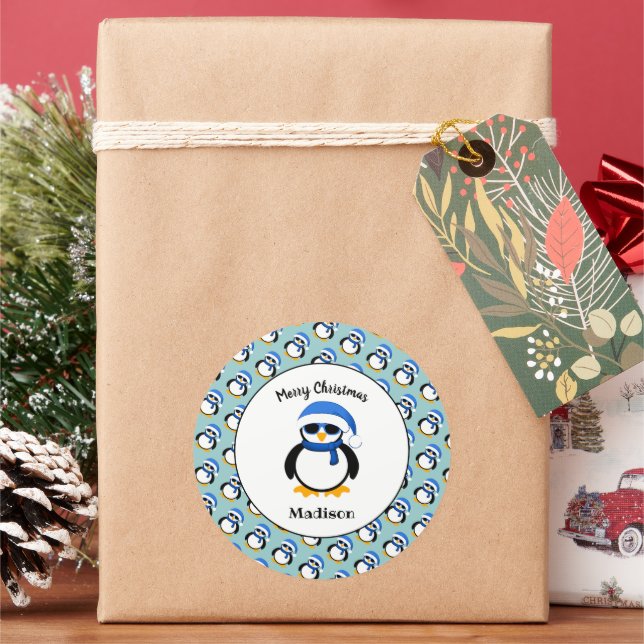 Cute cool penguin Christmas winter Personalise Classic Round Sticker (Holiday)