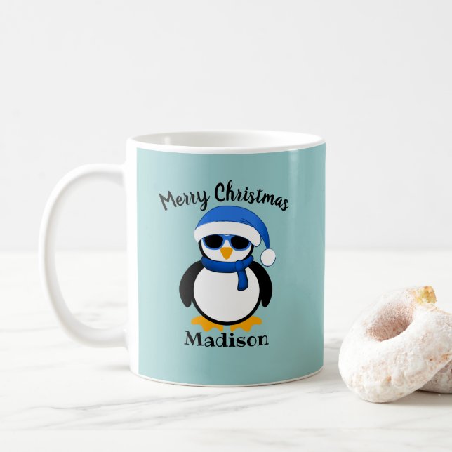 Cute cool penguin Christmas winter Personalise Cof Coffee Mug (With Donut)