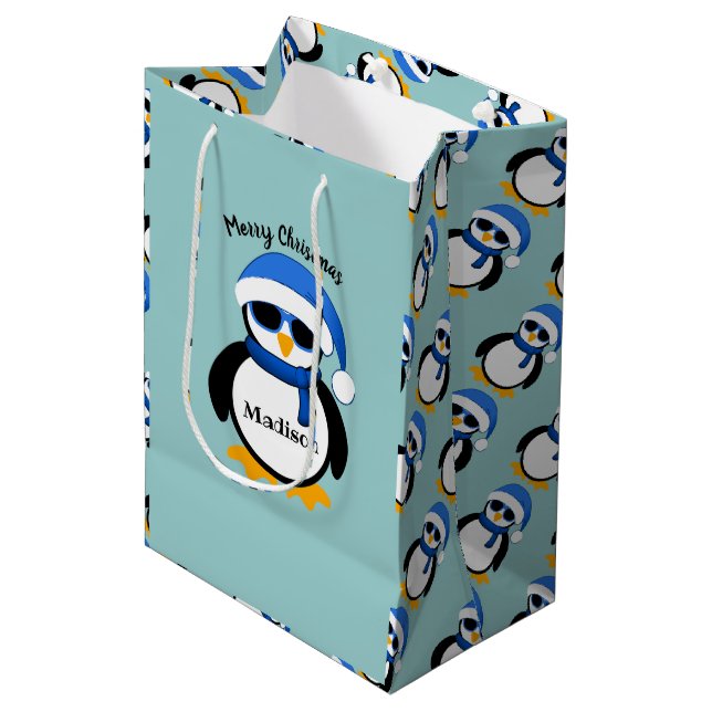Cute cool penguin Merry Christmas Blue Personalise Medium Gift Bag (Front Angled)
