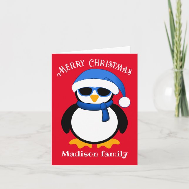 Cute cool penguin Merry Christmas red Holiday Card (Front)