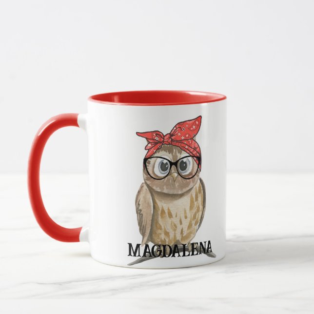 Cute Cool Rockabilly Owl in Glasses & Red Bandanna Mug (Left)