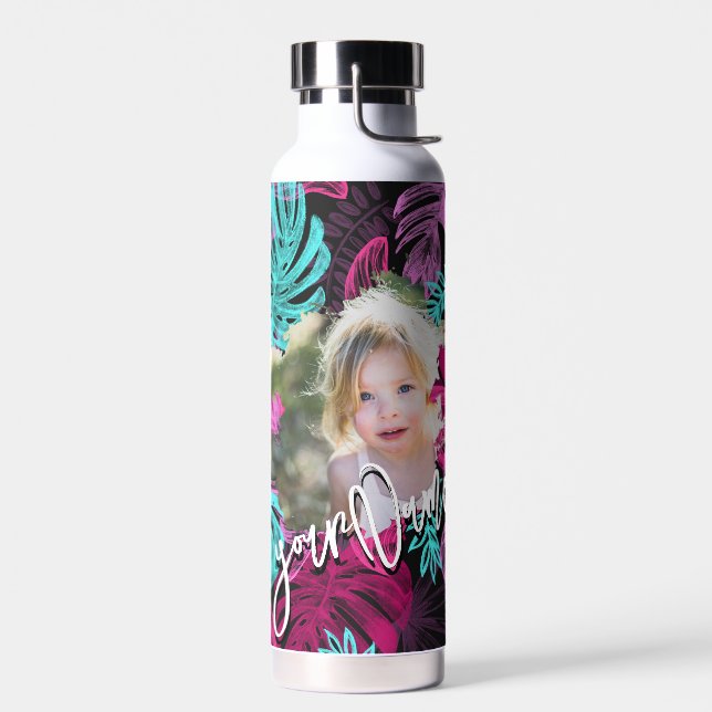 Cute Cool Tropical | Custom Photo and Script Text Water Bottle (Left)