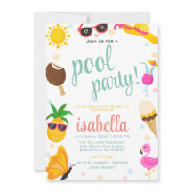 Cute Cool Tropical Pool Party Summer Birthday