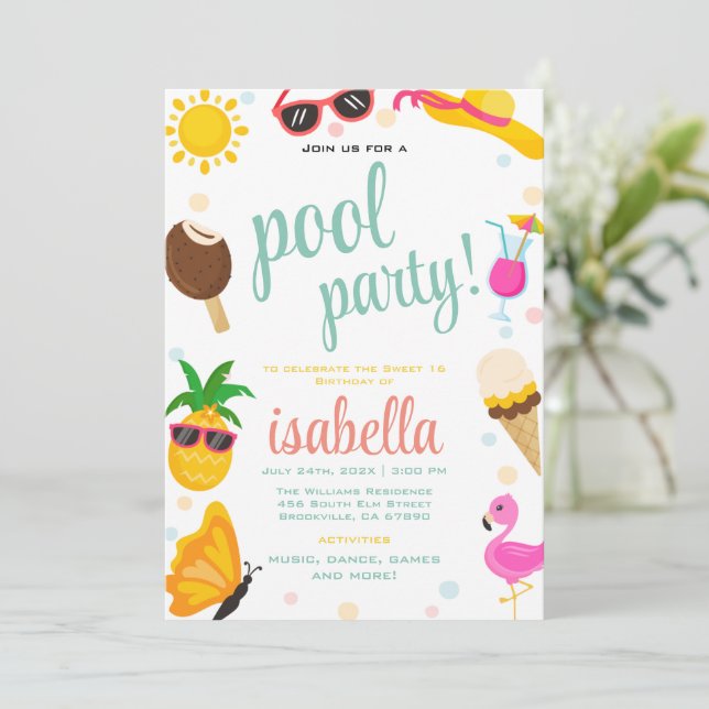 Cute Cool Tropical Pool Party Summer Birthday Invitation (Standing Front)