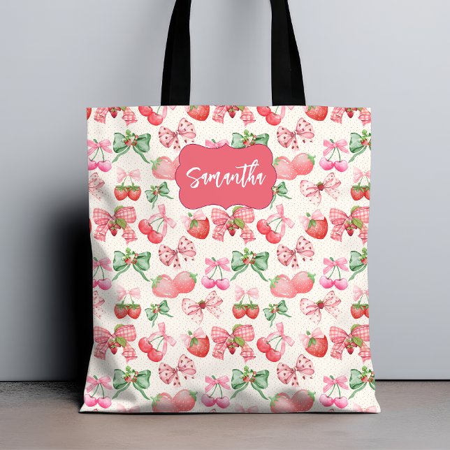 Cute Coquette aesthetic girly strawberry pattern Tote Bag (Creator Uploaded)