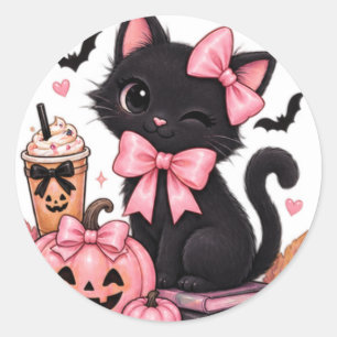 Cute Coquette Black Cat Halloween with Pink Bows  Classic Round Sticker