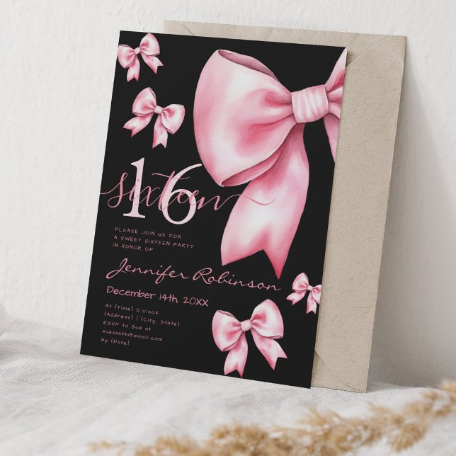Cute Coquette Blush Pink Bow Sweet 16 Black Invitation (Cute Coquette Blush Pink Bow Sweet 16 Black Invitation)