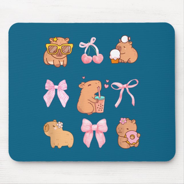 Cute Coquette Bow Capybara Pajamas Pjs Clothes Gir Mouse Mat (Front)