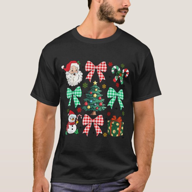 Cute Coquette Bow Christmas Tree Santa Gingerbread T-Shirt (Front)