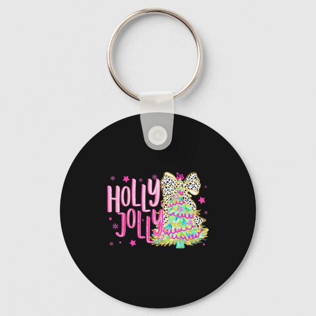 Cute Coquette Bow Girls Christmas Tree Merry Xmas  Key Ring (Front)