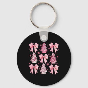 Cute Coquette Bow Pink Christmas Tree Cake Funny X Key Ring