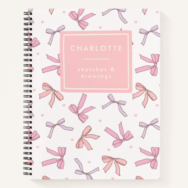 Cute Coquette Bows Pink Personalised Sketchbook Notebook (Front)