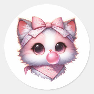 Cute Coquette Cat Pink Bow Bandanna Bubble Gum Classic Round Sticker