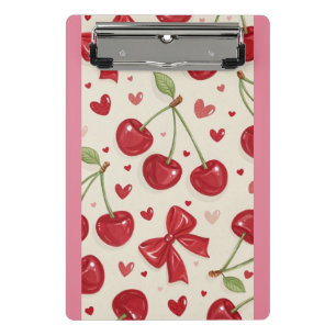 Cute Coquette Cherry and Red Bow Pattern Mini Clipboard