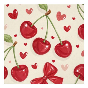 Cute Coquette Cherry and Red Ribbon Bows Seamless Photo Print