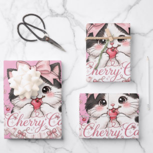 Cute Coquette Cherry Cat Wrapping Paper