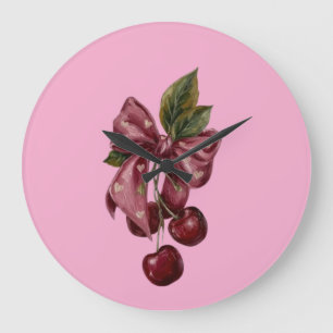 Cute Coquette Cherry Ribbon Pink Aesthetic Large Clock