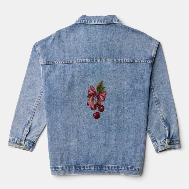 Cute Coquette Cherry Ribbon Pink Denim Jacket (Back)