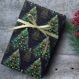 Cute Coquette Christmas trees dark navy Wrapping Paper