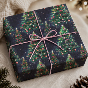 Cute Coquette Dark Navy Christmas Trees Wrapping Paper