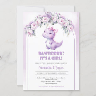 Cute coquette dinosaur girl purple peonies arch invitation