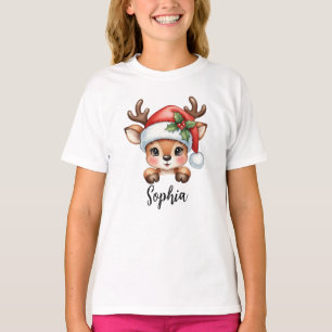 Cute Coquette Floral Christmas Reindeer T-Shirt