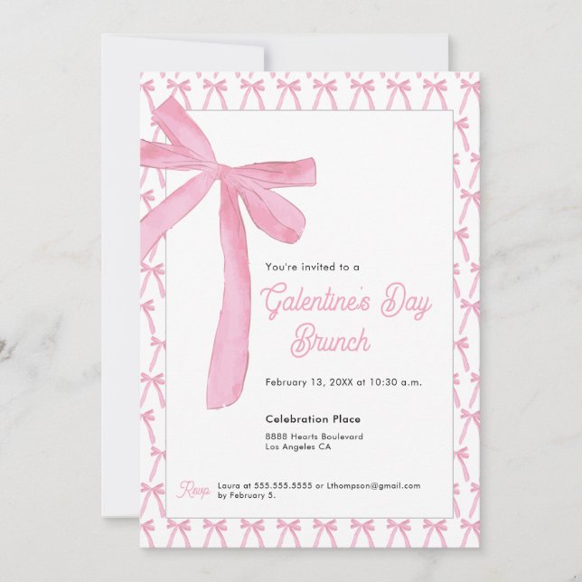 Cute Coquette Pink Bow Galentine’s Day Brunch Invitation (Front)