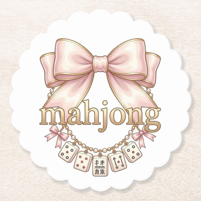 Cute Coquette Pink Bow Mahjong Charm Women's Paper Coaster (Front)