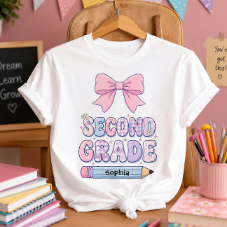 Cute Coquette Pink Bow Personalised Second Grade T-Shirt