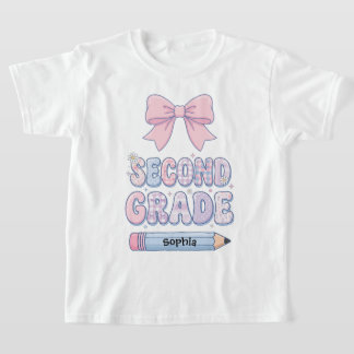 Cute Coquette Pink Bow Personalized Second Grade T-Shirt