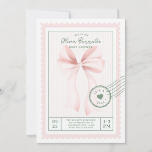 Cute Coquette Pink Bow Postage Stamp Baby Shower Invitation