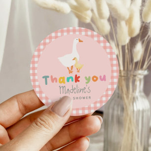 Cute Coquette Pink Gingham Silly Goose Baby Shower Classic Round Sticker