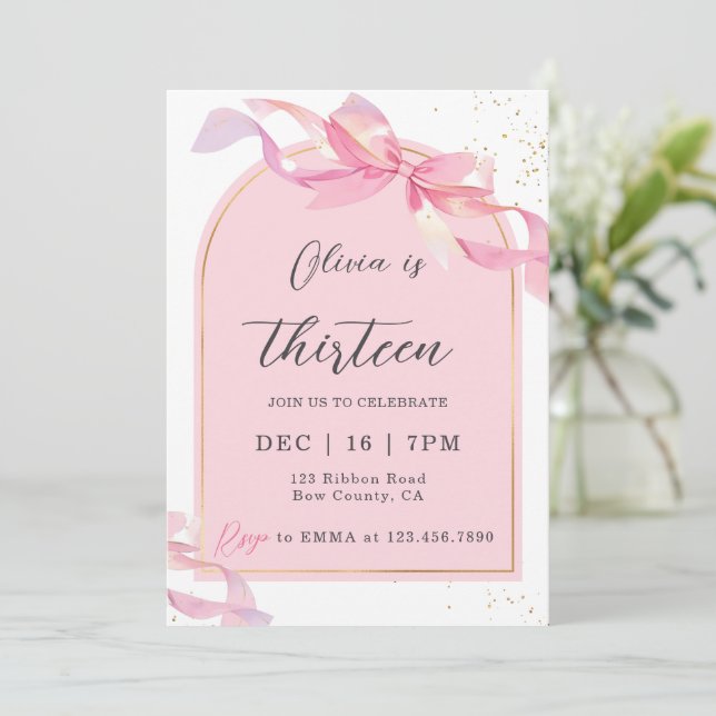 Cute Coquette Pink Gold Bow Girl Birthday Invitation (Standing Front)