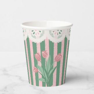 Cute Coquette Pink Ribbon Vintage Floral Party Paper Cups