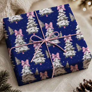Cute Coquette Pink Royal Blue Bows Christmas Trees Wrapping Paper