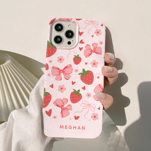 Cute Coquette Pink Strawberries & Bows Custom iPhone 15 Case
