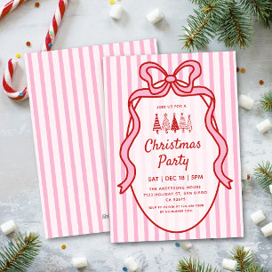 Cute Coquette Red Pink Stripes & Bow Christmas Invitation