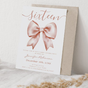 Cute Coquette Rose Gold Bow Sweet 16 Birthday Invitation