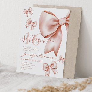 Cute Coquette Rose Gold Bow Sweet 16 Invitation