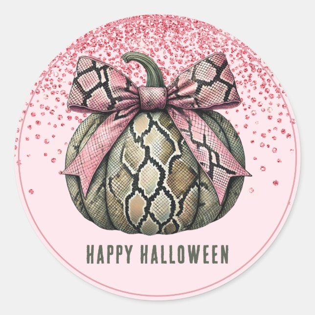 Cute Coquette Snakeskin Pumpkin Halloween Glitter Classic Round Sticker (Front)