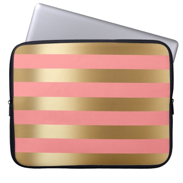 Cute Coral and Gold Stripe Laptop Sleeve (Front)