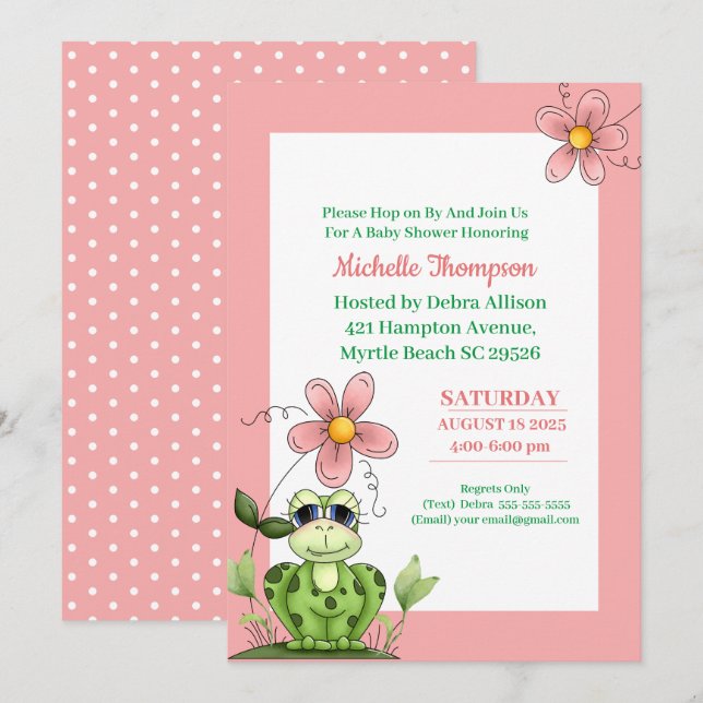 Cute Coral and Green Frog Baby Shower  Invitation (Front/Back)