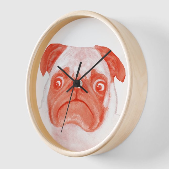 Cute Coral and Pink Grumpy Pug Face  Wall Clock (Angle)