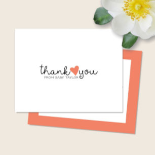 Cute Coral Orange Heart Baby Shower Thank You Card